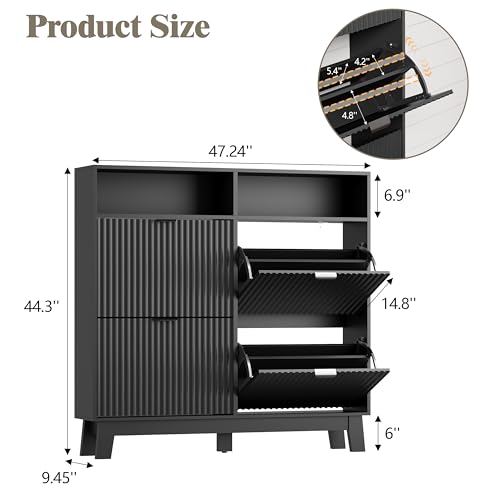 Shoe Cabinet Storage for Entryway with 4 Flip Drawers, Fluted Narrow Shoe Organizer with Wooden Legs & Top Cubby, Freestanding Slim Shoe Storage Hidden Shoe Rack for Front Door Entrance, Black - color: Black, size: 4 Drawer with Cubby