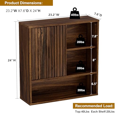 Farmhouse Bathroom Wall Cabinet Fluted,Medicine Cabinet Over The Toilet Storage Cabinet with Adjustable Shelf, Wood Wall Mounted Storage Cabinet Organizer 23.2Wx24Hx7.6D (Dark Walnut, Medium) - color: Dark Walnut, size: Medium