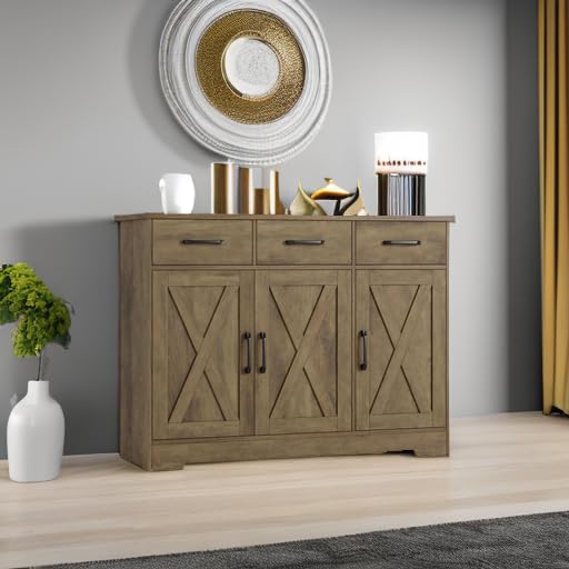 HOSTACK Modern Farmhouse Buffet Sideboard Cabinet, Barn Doors Storage Cabinet with Drawers and Shelves, Wood Coffee Bar Station for Dining Room, Kitchen, Living Room, Rustic Brown - color: Rustic Brown
