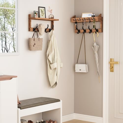 Evermagin 35" Coat Rack Wall Mount with Shelf, 4 in 1 Wall Mounted Coat and Key Hanger with 13 Hooks, Entryway Key Holder with Mail Holder for Living Room, Bedroom - color: Brown, size: 35 Inch
