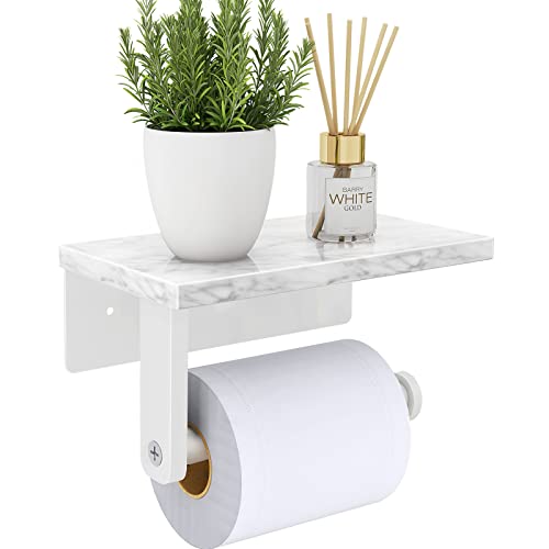 Gypie Toilet Paper Holder with Natural Marble Shelf, 304 Stainless Steel Screw Wall Mounted, Tissue Roll Paper Holder Dispenser for Bathroom Washroom White - color: White, size: 1 Roll