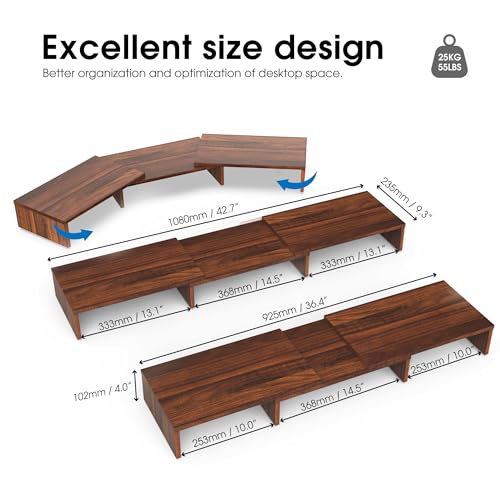 FITUEYES Dual Monitor Stand – 3 Shelf Computer Monitor Riser, Wood Desktop Stand with Adjustable Length and Angle, Desk Accessories, Office Supplies Medium Brown, DT108002WB - color: Brown