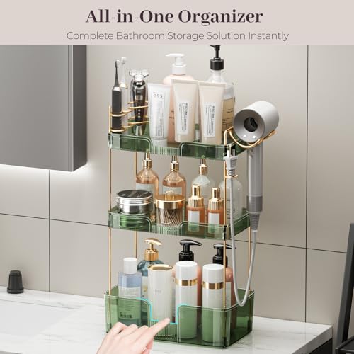 Aveniee Bathroom Counter Organizer,3 Tier Skincare Perfume Countertop Storage with Hair Dryer Rack and Toothbrush Holder, Cosmetic Makeup Tray for Vanity - Green - color: Gem Green, size: 3 Tier-New