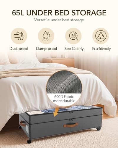 Under Bed Storage with Wheels, 10 inches Under Bed Storage Containers, 65L XXL Large Adjustable Underbed with Lids, Rolling Underbed Storage bins for Shoes, Clothes, Blankets, Grey - color: Grey