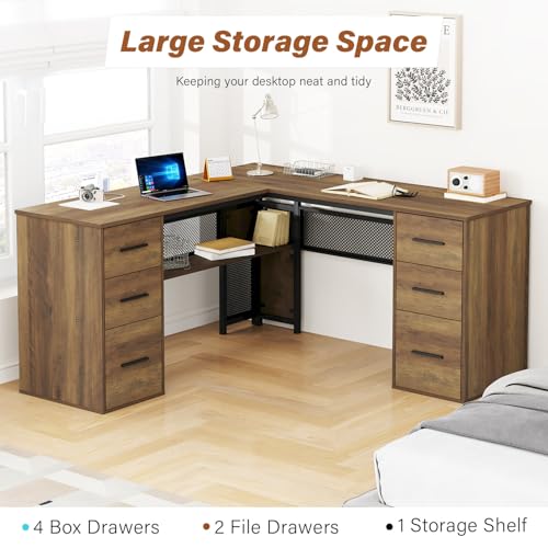 HSH Large L Shaped Home Office Desk with Drawers, Rustic L-shaped Computer Desk with Storage File Cabinet Shelves, Corner Reversible Metal Wood Executive Work Study Writing Table, 59 Inch Bedroom Desk - color: Rustic Oak