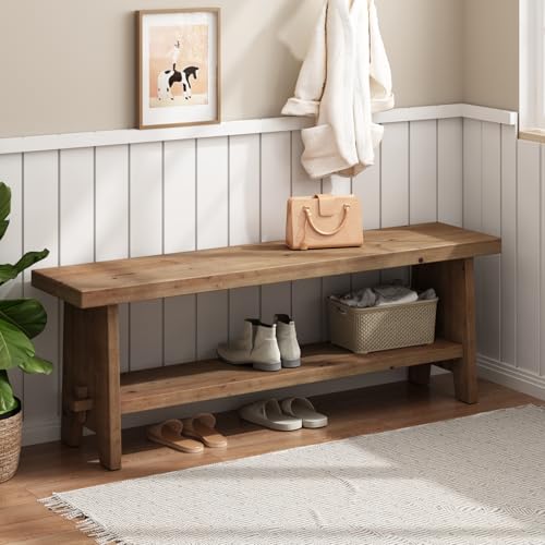 HOKYHOKY Solid Wood Entryway Bench - 51.2" Farmhouse Long Storage Bench, Rustic Narrow Bench Seat for Indoor, Entryway, Dining Room, Living Room and Hallway, Brown - size: 51.2"