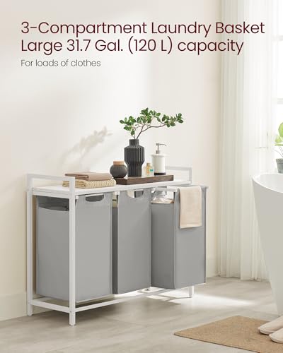 VASAGLE Laundry Hamper, Laundry Basket, Laundry Sorter with 3 Pull-Out and Removable Bags, Shelf, Metal Frame, 3 x 10.6 Gallons (40 L), 36.4 x 13 x 28.4 Inches, Dove Gray and Cloud White UBLH301W03 - color: Dove Gray + Cloud White, size: 3 Bags - 120 L