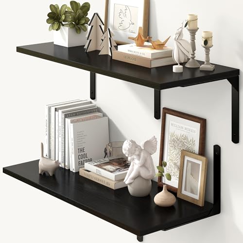 Fun Memories Floating Shelves for Wall, 12 Inch Deep Floating Shelves Set of 2, Wall Mounted Shelf with Metal Brackets, Rustic Wood Wide Shelf for Bathroom, Kitchen and Living Room, Black, 32W x 12D - color: Black- L Bracket, size: 31.5"W x 12"D