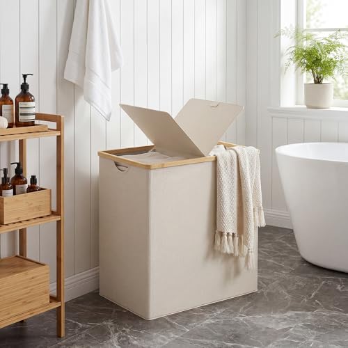 efluky Laundry Hamper with Lid, Double Laundry Hamper with 2 Removable Bags, 2 Section Laundry Basket with Bamboo Handles for Bathroom, Bedroom & Laundry Room, 140L (36.9 Gallon) Beige - color: Beige, size: 140L Dual