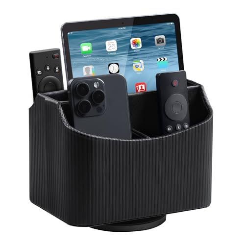 PU Leather Remote Control Holder, 360 Degree Rotating Desk Organizer Storage Table Remote Caddy, Spinning Bedside Organizer Nightstand Organizer for Desktop Office Home Black - color: Black