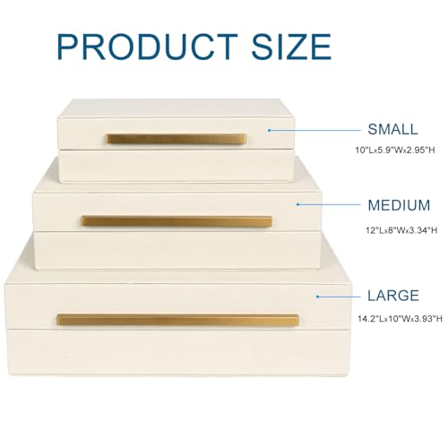 Beige Shagreen Decorative Box Set of 3 - Faux Leather Nesting Storage Boxes with Lids, Large Modern Jewelry Organizer, Stackable Home Decor Box for Bedroom, Bathroom & Office - color: Beige+Gold Handles, size: 3 pack