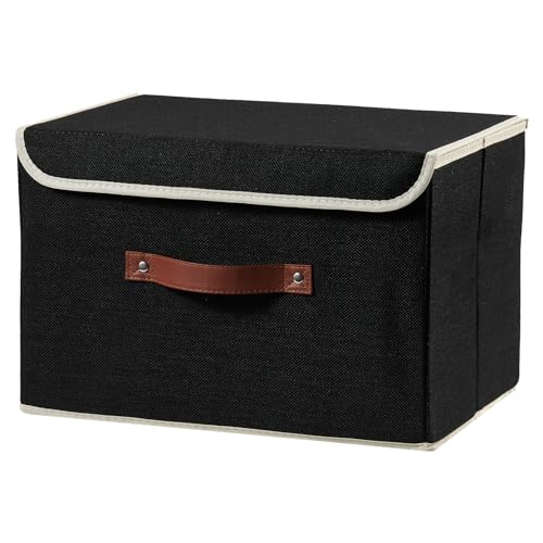 Storage Boxes with Lid Cotton Linen Fabric Storage Bins Organizer Container Decorative Collapsible Washable Shelf Baskets Faux Leather Handles for Home Bedroom Closet (Black, Large Size) - color: Black, size: Large (Set of 1)
