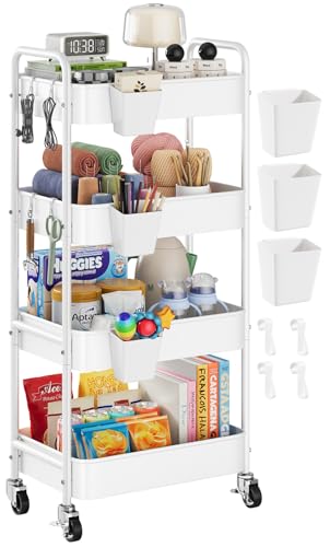 4 Tier Rolling Cart Metal with Wheels, White Four Tiered Rolling Storage Cart on Wheels, Utility Roller Carts Organizer for Art, Craft, Baby Diaper Caddy, Snack, Book, Large-Capacity Shelving Units - color: Light White, size: 4-Tier + Cups + Hooks