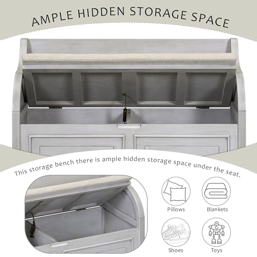 Knocbel Rustic Entry Storage Bench with Hidden Compartments and Removable Cushion, Wooden Entryway Hallway Foyer Shoe Bench Bedroom End of Bed Bench, 250lbs Weight Capacity (Gray Wash) - color: Gray Wash