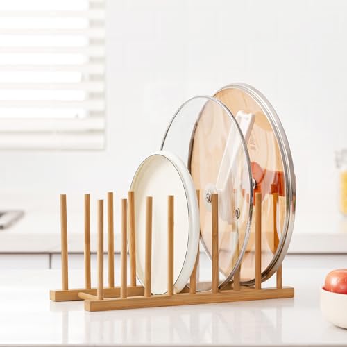 HBlife Heighten and Widen Bamboo Dish Dying Rack Pot Lid Plate Organizer Holder for Cabinet, Cutting Board Stand Drainer Storage Plate Rack for Dish, Pot Lid, Bowl, Cup, Cutting Board and Books - color: Rod 6inch High 8slots 1pcs