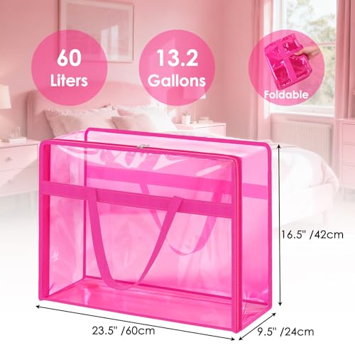 SGHUO Clear Storage Bags 60L Extra Large Plastic Vinyl Blanket Storage Bag for Clothes, Comforter, Bedding, Moving Bags with Zipper and Reinforced Handle (4pcs, Pink) - color: C-Pink