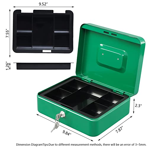 KYODOLED Large Lock Box with Money Tray,Storage Cash Box with Lock,Safe Metal Box for Money,9.84"x 7.87"x 3.54" Green Large - color: Green, size: Large