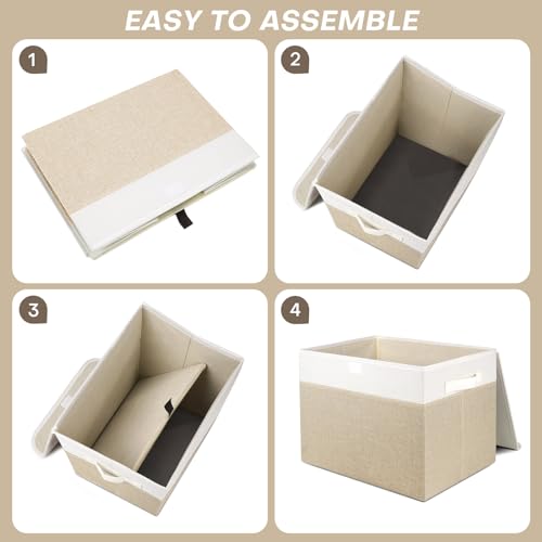 Bagnizer Large 17" 42 Quarts Collapsible Stackable Storage Bins with Lids [3-Pack] Foldable Fabric Linen Storage Boxes Cube, Closet Organizer Baskets with Label (16.7 x 12 x 12, Beige & White) - color: Beige & White, size: Large - 3 Pack