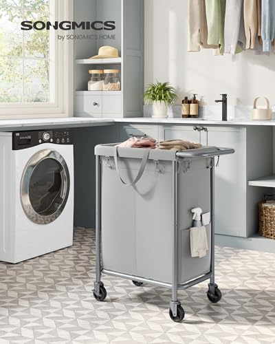 SONGMICS Laundry Basket with Wheels, Rolling Laundry Hamper, 23.8 Gallons (90 L), Removable Liner, Steel Frame with Handle, 24 x 11.4 x 31.9 Inches, Dove Gray URLS003G01 - color: Dove Gray, size: 90 L (1-Section), style: Rectangular with handle