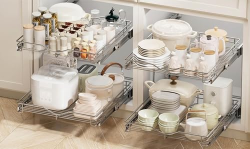DINDON 2 Tier Pull Out Cabinet Organizer (17" W X 21" D), Double Tier Wire Basket Slide Out Shelf Storage for Kitchen Base Cabinet, Chrome Finish - size: 17'' W X 21'' D