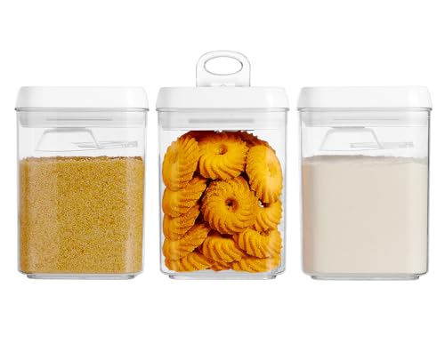 Felli Flip Tite Storage Container with Built-In Spoon & Airtight Lid 5” Large-M Ring Flip Top, Stackable Acrylic Canister for Sugar Flour Powder, Kitchen Pantry Organizer (1.8qt), 2 spoons - color: White, size: 5"