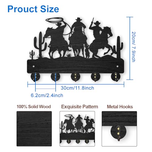 MAYJOYDIY Cowboy Horse Cactus Coat Hooks Wall Mount 11.8×7.9inch Desert Decorative Hooks Rack Wall Art Decor Black Wooden Western Cowboy Key Holder for Wall 5 Alloy Hooks for Kitchen Entryway Gifts - color: Cowboy Horse Cactus