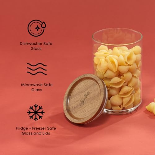 JoyJolt Holden 7-Piece Stackable Glass Storage Containers with Lids, Airtight Food Canister Set with Acacia Wood Lids, Round Stacking Pantry and Kitchen Containers for Pasta, Flour, Sugar, Coffee