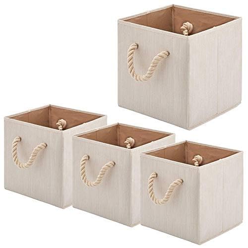 Foldable Bamboo Fabric Storage Bins [set of 4] with Cotton Rope Handles, Collapsible Organizer Boxes Basket - 10.5 x 10.5 x11 inch (Beige) - color: Beige