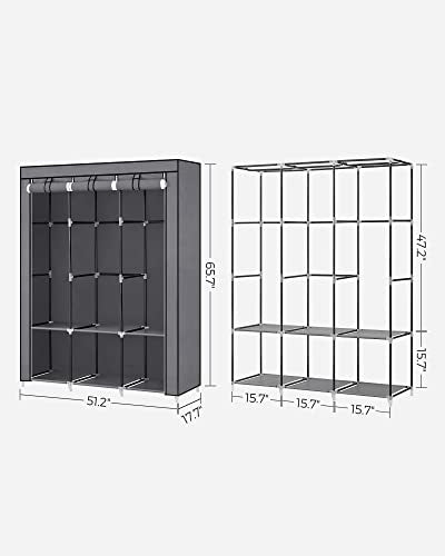 SONGMICS Portable Closet, Wardrobe Closet Organizer with Cover, 3 Hanging Rods and Shelves, 4 Side Pockets, 51.2 x 17.7 x 65.7 Inches, Large Capacity for Bedroom, Living Room, Gray URYG092G02 - color: Grey, size: 3 Tiers（51.2"L）