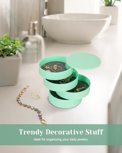 CONBOLA Jewelry Organizer, Small Jewelry Storage Box Earring Holder for Women, 4-Layer Rotating Travel Jewelry Tray Case with Lid for Bracelets Rings Bracelets - color: Green