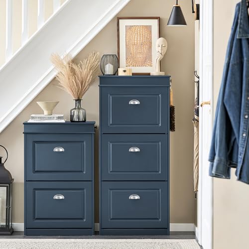Haotian Shoe Cabinet with 3 Flip Drawers, Freestanding Shoe Rack for Entryway, Shoe Organizer with Hidden Drawer, Navy Blue, FSR94-B (9.45" D x 20.87" W x 46" H) - color: Navy, size: 3 Drawers:20.8x9.4x46"