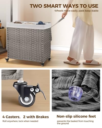 GREENSTELL Laundry Hamper with Wheels&Lid, 130L Large 3 Sections Clothes Hamper with 2 Types Removable Liner Bags, 5 Mesh Laundry Bags, Handwoven Divided Laundry Basket Gray - color: Gray, size: 130L: 25.6x13.0x25.7 Inches