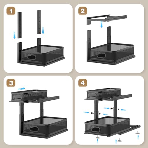2 Pack Under Sink Organizer With Next-Gen Ball-Bearing Slides,2-Tier Precision Mesh Pull Out Cabinet Shelf Storage for Bathroom&Kitchen,Slide Out Drawers Height Adjustable,Rust-resistant - color: Black, size: 2 Pack-15.5"Dx12.4"-16.5"H