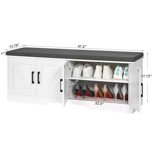 HOMSHO 2-Tier Storage Bench, 47.2" Wide Shoe Bench with Padded Seat Cushion, Entryway Bench with 4 Barn Doors and Adjustable Shelf, White - color: White, size: 47.2" Wide