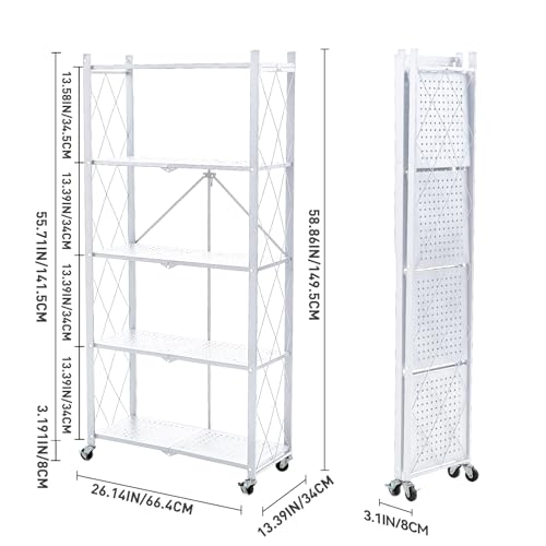 BRIAN & DANY 5-Tier Foldable Storage Shelves with Wheels, Folding Metal Rack Shelving Unit, Heavy Duty No Assembly Organizer Shelf for Garage, Kitchen, Basement, Pantry, White - color: White, size: 5-tier