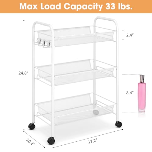 TOOLF 3-Tier Metal Rolling Cart, Mesh Wire Easy Assemble Utility Cart, Storage Trolley on Wheels with 3 Hooks, MetalStorage Shelving Units for Kitchen Bathroom Laundry Room - color: White, size: 3-Tier