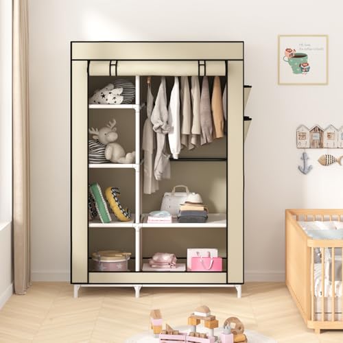 Calmootey Portable Closet Organizers, Clothing Storage, Wardrobe with 6 Shelves and Hanging Rod, Non-Woven Fabric Cover with 4 Side Pockets, Beige - color: Beige