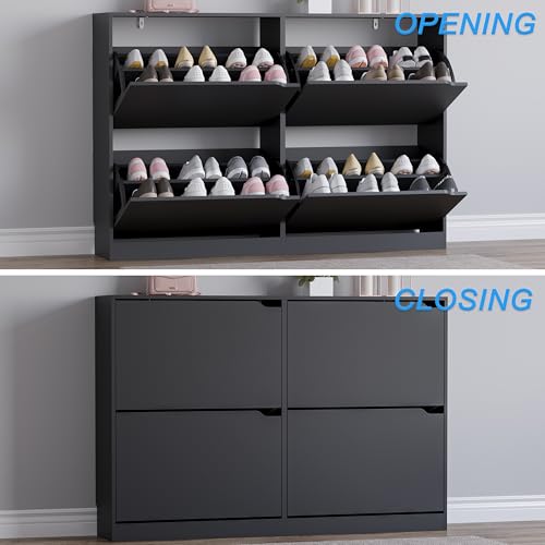 BORNOON Shoe Cabinet with 4 Flip Drawers, Narrow Hidden Shoe Storage Cabinet, Slim Freestanding Shoe Rack Organizer for Entryway, Hallway, Bedroom, Living Room - color: Black, size: 4 Drawers