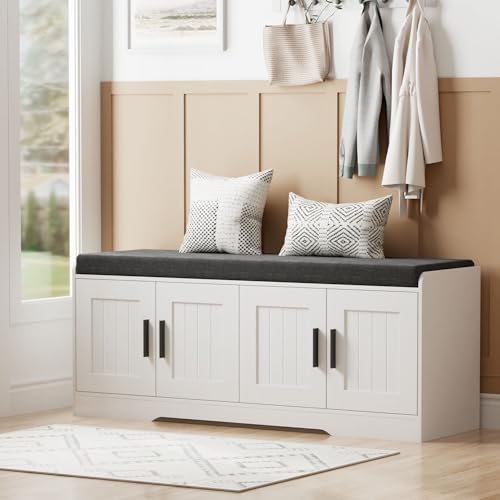 Homleke 2-Tier Storage Bench, Shoe Bench with Thickened Padded Seat Cushion, Entryway Bench with 4 Doors, Adjustable Shelf, 13.8" D x 45.3" W x 18.5" H, for Entryway, Living Room, Bedroom, White - color: White, size: 45.3"