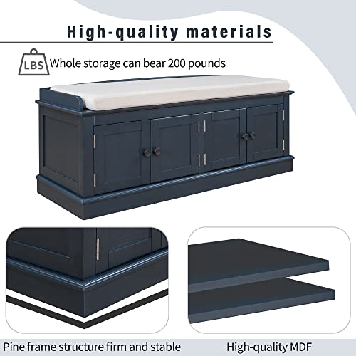 P PURLOVE Farmhouse Storage Bench for Entryway,Wood Storage Benches with Adjustable Shelves,Shoe Bench with Storage and Removable Cushion for Entryway,Antique Navy - color: Antique Navy, size: With 4 Door