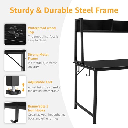 DLisiting Black Computer Desk with Hutch & Drawers - Office Desk with 3 Storage Drawers and Power Outlets, 47 Inch Modern Study Writing Desk for Bedroom Home Office - color: Black
