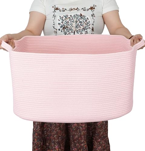 XUANGUO Large Rectangle Blankets Baskets 22"x17"x12" Toy Basket for Kids Woven Cotton Rope Storage Basket for Nursery - Wicker Laundry Baskets for Clothes Towels - Ideal for Living Room Storage pink - color: Pink