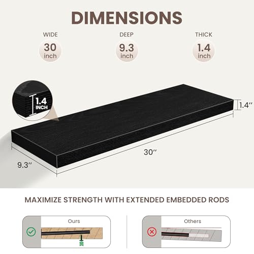 Acovy 30 Inch Floating Shelves,9.3" Deep Floating Shelf Wall Mounted,30 Inch Wall Book Shelves for Home Decor,Large Long Deep Hanging Shelves for Bathroom Office Laundry Living Room Bathroom,Black - color: Black, size: 30 Inch,Set of 2
