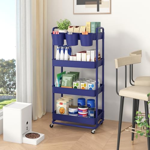 JIUYOTREE 4-Tier Plastic Rolling Storage Cart Utility Cart with Extra Hanging Cups Handles Lockable Wheels for Living Room Bathroom Kitchen Office Blue - color: Blue, size: 4-Tier