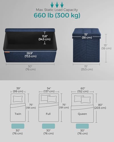 SONGMICS Mazie Collection - 30 Inches Storage Ottoman, Foldable Storage Bench with Flipping Lid, 660 lb Load Capacity, for Entryway, Living Room, Bedroom, Midnight Blue ULSF046Q02 - color: Midnight Blue, size: 15"D x 30"W x 15"H