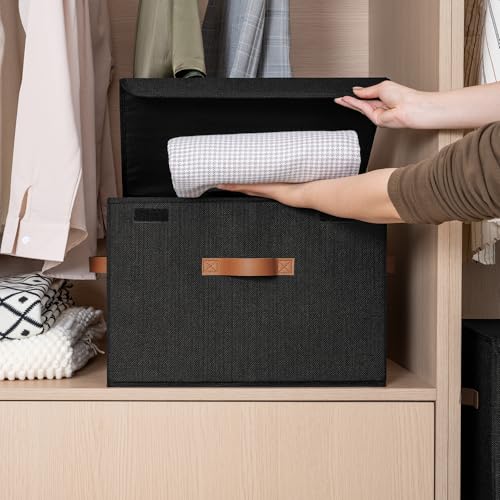 GRANNY SAYS Black Storage Bins with Lids, Decorative Storage Boxes with PU Handles, Linen Closet Organizer, Storage Baskets for Shelves, Fabric Storage Bins for Clothes, Extra Large - color: Black, size: Extra Large-2 Pack