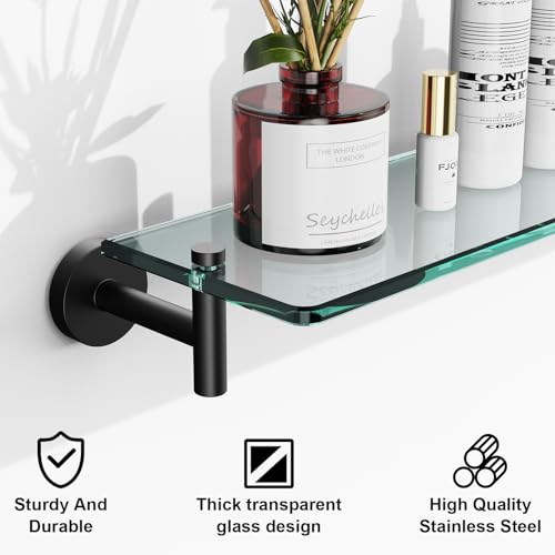 Glass Shelves for Bathroom,20-Inch Matte Black Floating Bathroom Shelf Stainless Steel Tempered Glass Shelf Modern Shelves Wall Mounted - color: Matte Black, size: 20"without railing