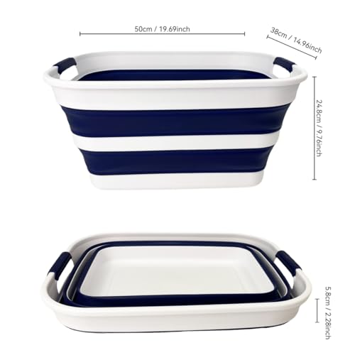 SAMMART Collapsible Plastic Laundry Basket with Handle/Foldable Pop Up Storage Hamper/Portable Laundry Organizer-Space Saving Washing Tub/Household Storage (White/Starry Blue, 27L) - color: White/Starry Blue, size: 27L