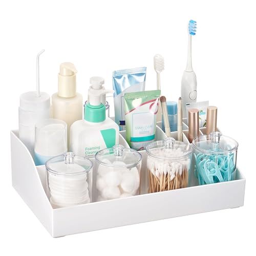 Vtopmart 5 PCS Bathroom Countertop Organizer, 1 Divided Tray with 4 Qtip Holder Jars, Restroom Clear Organizers for Toothbrush, Cotton Pads Balls, Floss, Bathroom Vanity Accessories Storage Set, White - color: White