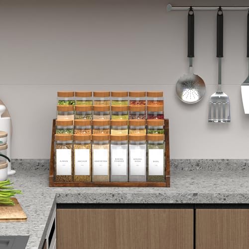 4 Step Spice Rack Organizer for Cabinet, Robust Wooden Display Riser Shelf Seasoning Organizer for Countertop Cupboard Pantry, Condiment Jar Kitchen Storage Holder Super Sturdy Stand, Rusitc Brown - size: 4-Tier
